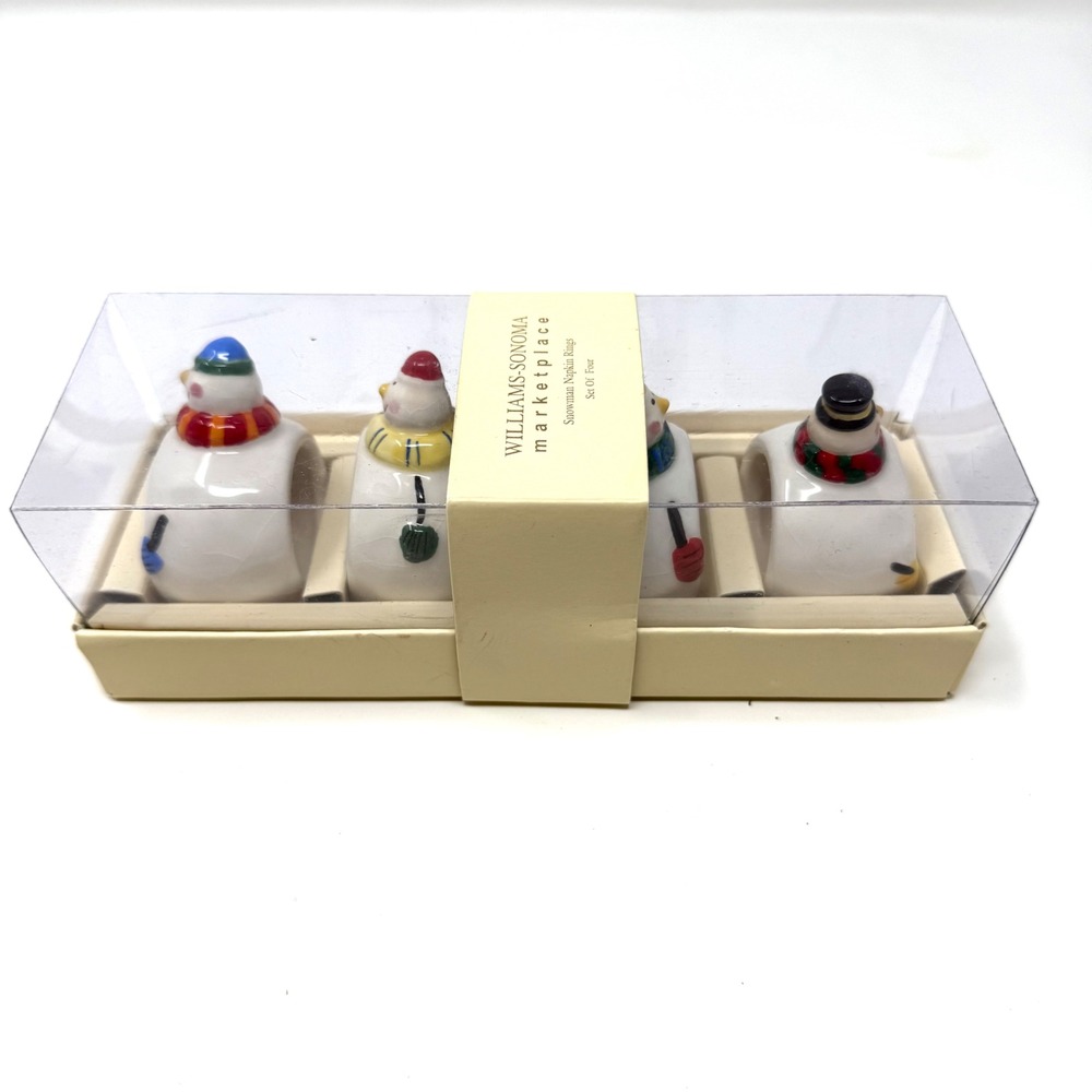 Williams Sonoma Snowman Napkin Rings Set 4‎ Holiday Christmas Ceramic